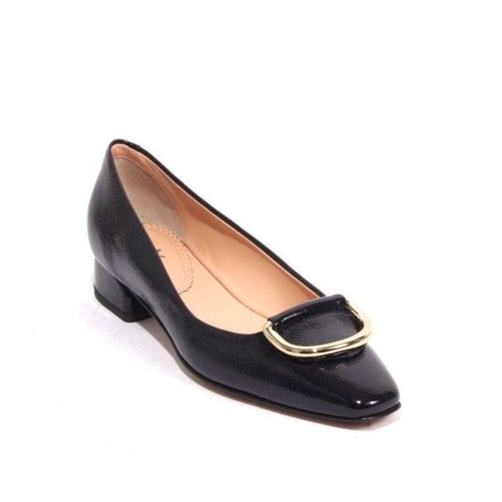 ITALIAN Dark Navy Leather Gold Buckle Heels Pumps